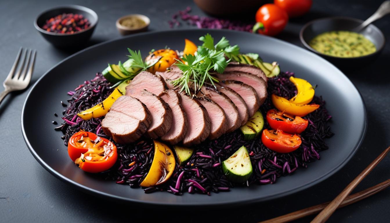 Fırında Izgara Et ve Sebzeli Siyah Pirinç Salatası